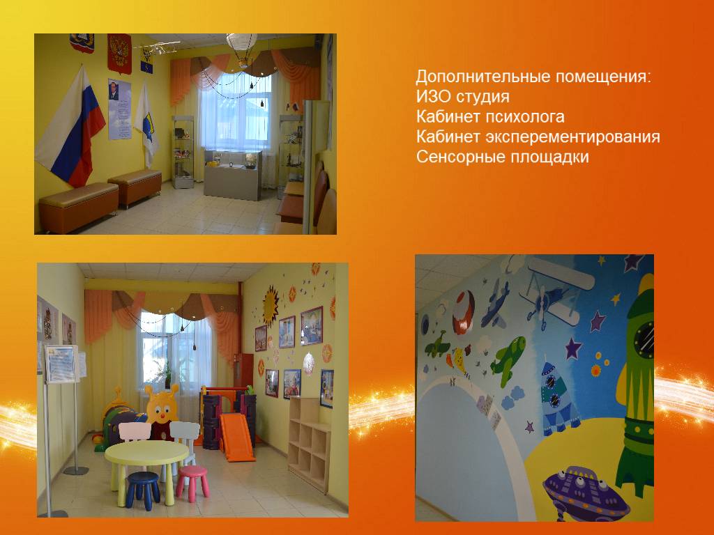 ДОПОЛНИТЕЛЬНЫЕ ПОМЕЩЕНИЯ: ИЗО СТУДИЯ,КАБИНЕТ ПСИХОЛОГА, СЕНСОРНЫЕ ПЛОЩАДКИ