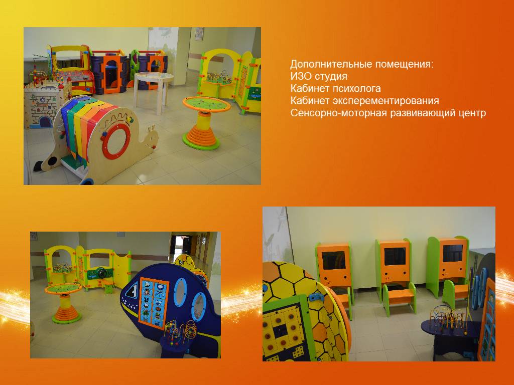 ДОПОЛНИТЕЛЬНЫЕ ПОМЕЩЕНИЯ: ИЗО СТУДИЯ,КАБИНЕТ ПСИХОЛОГА, СЕНСОРНЫЕ ПЛОЩАДКИ